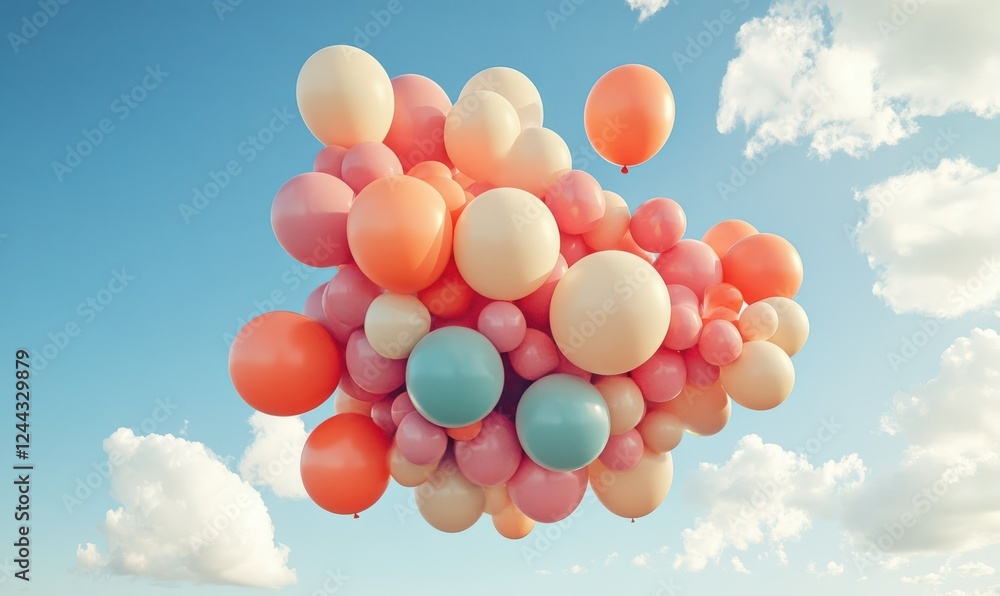 Poster cluster of vibrant balloons in various sizes and colors styled against a bright sky, creating a fest