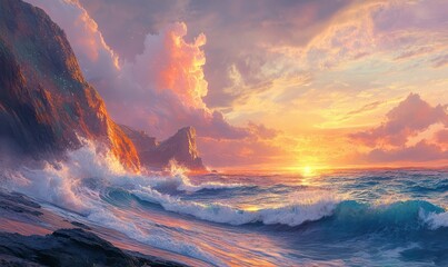 Fototapeta premium Coastal sunset with crashing waves and dramatic cliffs, bathed in hues of orange and pink, creating a breathtaking seascape
