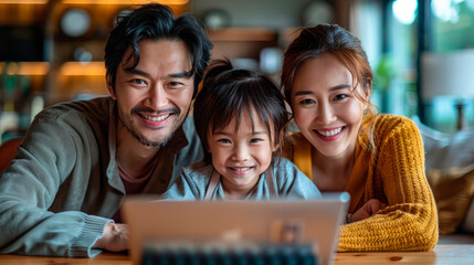 Happy korean family bonding over laptop at home portrait image. Father mother with girl enjoying quality time together picture photorealistic. Digital activity concept photo realistic