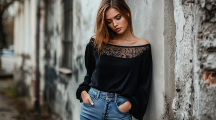 Fototapeta premium Boho Style Woman in Lace Blouse and Jeans