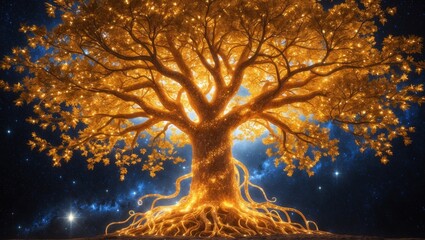 Illuminated tree with golden leaves and cosmic background showcasing nature's beauty at night
