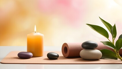 harmonious nature inspired composition with yoga mat soft light and balanced stones for holistic wellness products meditation courses and yoga studios