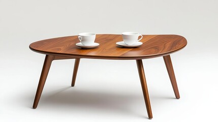 Mid-century modern bistro coffee table, walnut wood, tapered legs, cozy indoor cafe scene