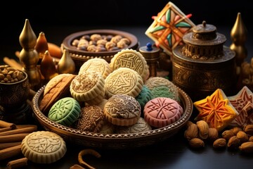 Traditional moroccan sweets, ghriba bahla, served with almonds and spices on a decorated copper tray, celebrating the end of ramadan