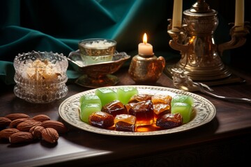 Colorful turkish delight candies served on a decorative plate with nuts, accompanied by a lit candle and traditional tea cup