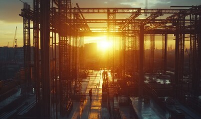 Construction site at sunrise, steel beams glowing warmly as workers prepare for the day, capturing ambition and growth