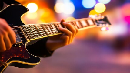 Obraz premium Musician playing electric guitar on a vibrant city street at night, with colorful light in the background