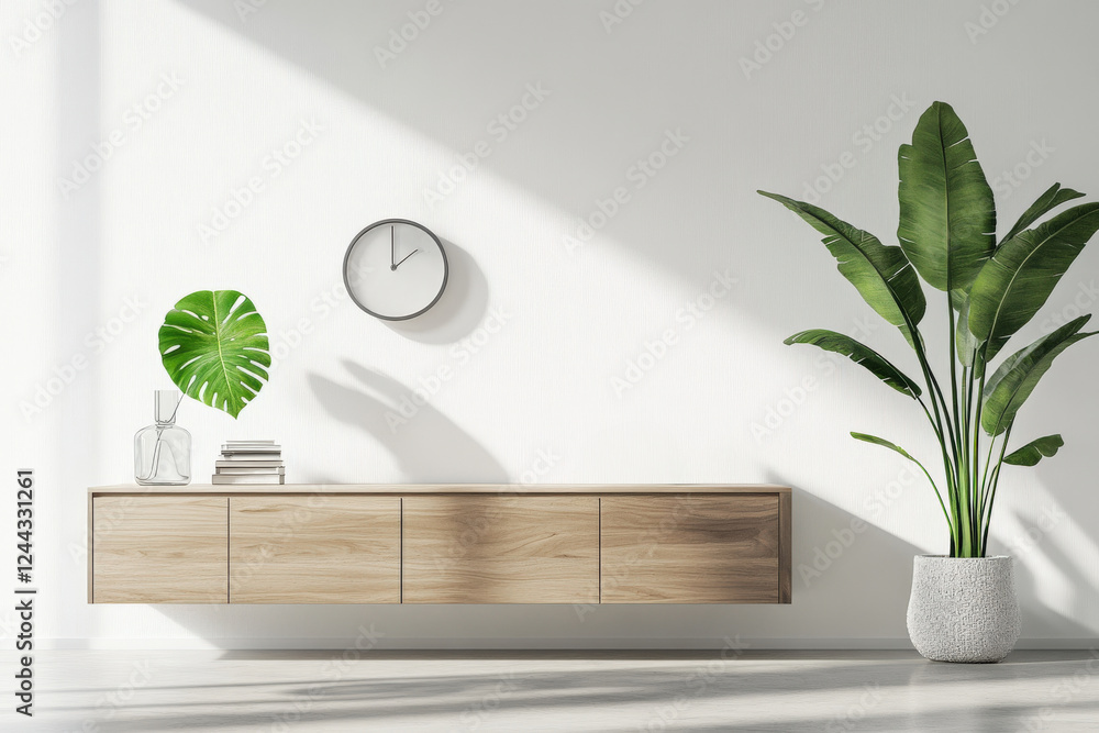 Wall mural Beautifully designed minimalist Scandinavian interior with wooden sideboard and indoor plant enhancing the serene atmosphere