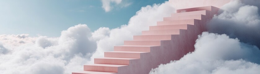 Fototapeta premium A grand staircase ascends into a blue sky, its steps gradually disappearing into thin air among fluffy clouds. This enchanting pathway invites the imagination to explore new heights