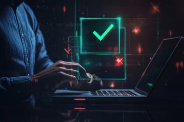 Businessman in blue shirt makes decisions using laptop and futuristic holographic interface with green checkmark and red cross