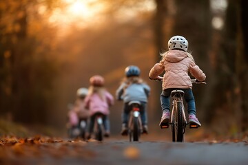 Obraz premium A group of children rides their bikes along a picturesque, sunlit path surrounded by trees, showcasing their carefree spirit and happiness as they pedal together