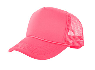 Pink trucker hat with mesh back, isolated on transparent background with side perspective.