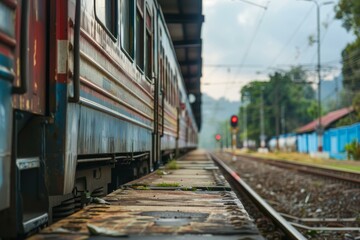 Fototapeta premium Old rusty train waiting at the station platform with red signal light indicating stop