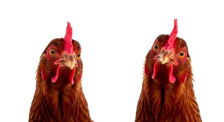 Naklejka premium Studio shot of two brown hens facing each other against a white background with incredible detail of feathers and combs, ideal for farming or poultry theme