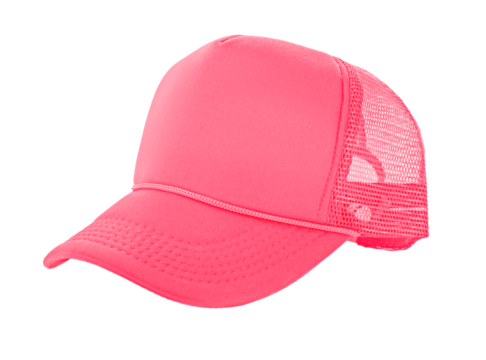 Pink trucker hat with mesh back, isolated on transparent background with side perspective.