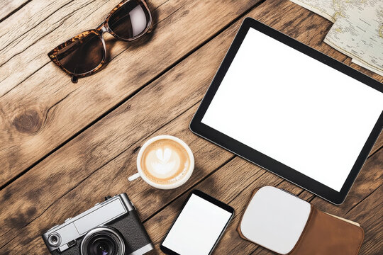 Creative flatlay with laptop, smartphone, world map, passport, and travel essentials for digital nomads on rustic wooden table - Powered by Adobe