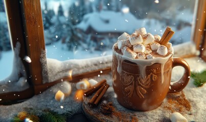 Cozy winter hot chocolate topped with marshmallows, cinnamon sticks, and whipped cream, served in a rustic mug on a snowy windowsill