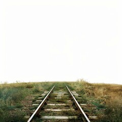 Fototapeta premium Old train tracks stretching towards the horizon under a white sky, symbolizing travel, journey, and new beginnings
