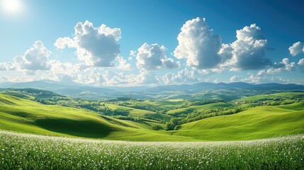 Obraz premium Rolling Green Hills Under a Sunny Sky with White Flowers