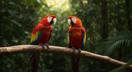 Obraz premium Two bright scarlet macaws with blue and yellow wings perched on a branch, set in a lush tropical background, ideal for jungle or wildlife content