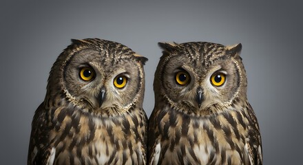 Fototapeta premium Two owls in a studio photograph with sharp detailing of their feathers and eyes, set against a neutral background for wildlife enthusiasts