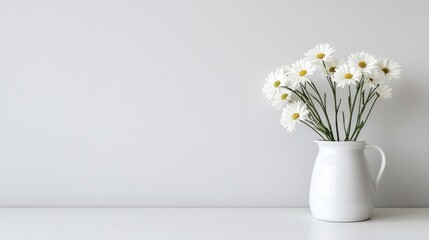 White daisies in pitcher, minimalist interior, calm background, home decor