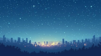 Fototapeta premium Night Sky with Stars over City Skyline and Silhouette of Trees