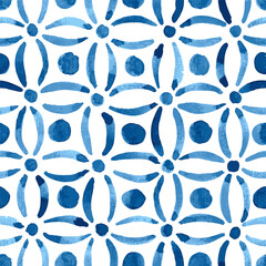 Blue watercolor background with square shapes. Seamless vector pattern