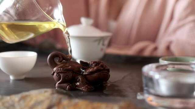 Close-up: a girl in a light shirt prepares for drinking tea, washing the paraphernalia for the tea ceremony with hot water.