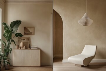 Modern minimalist interior design with neutral tones and cozy accents in Scandinavian style