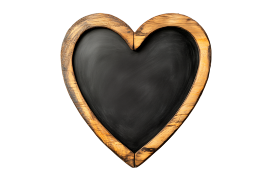 Heart-shaped wooden chalkboard with a rustic finish, isolated on a white transparent background, ideal for decoration or messages on Valentine Day