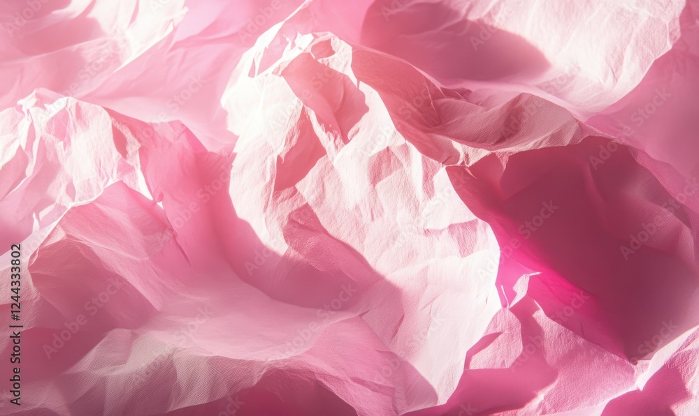 Poster crumpled pink paper with detailed texture, subtle lighting adding depth and a tactile quality to the