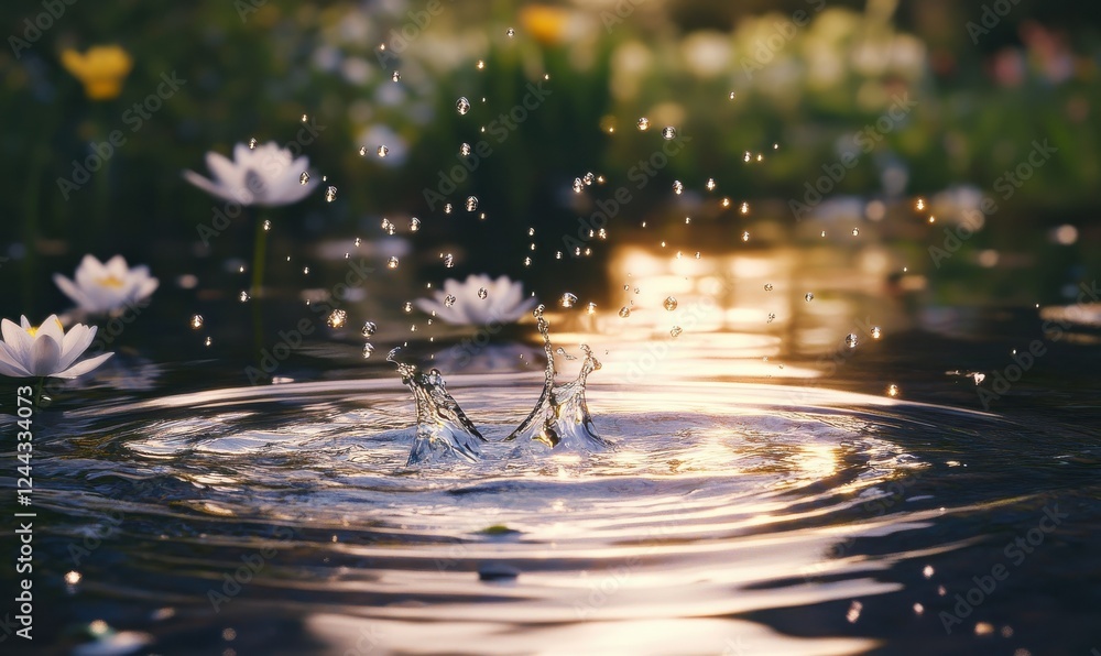 Poster crystal-clear droplets of water splashing into a calm pond, with concentric ripples spreading across