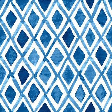 Hand painted watercolor rhombuses and diagonal grid in blue. Seamless vector pattern