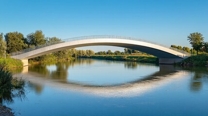 Modern Arch Bridge Reflecting in Calm River Under Clear Sky