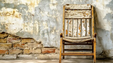 Fototapeta na wymiar Vintage Wooden Rocking Chair Against a Weathered Brick and Concrete Wall