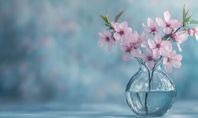 Delicate pink cherry blossoms placed in a glass vase on a soft blue background, radiating elegance and a touch of spring