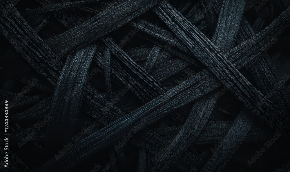 Poster dark abstract composition featuring intricately arranged black threads in a crisscross pattern, with