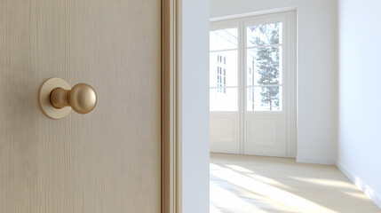Fototapeta premium Modern door handle, bright room, winter view