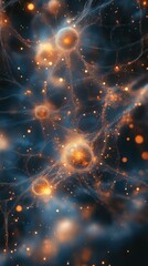 Neural Network Abstract Science: Glowing Neurons and Electrical Signals in Creative Technology and Microscopic Visualization in a Blue Background