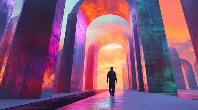 Mysterious figure surrounded by monumental structures futuristic landscape digital art atmospheric setting conceptual representation. Monumental Structures. Illustration