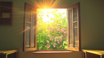 Sunlight Streaming Through Window with Beautiful Floral View