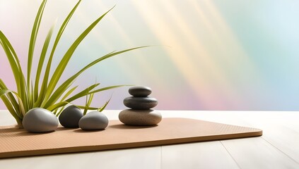 soft gradient background with yoga mat, meditation stones, and plants for peaceful ambiance