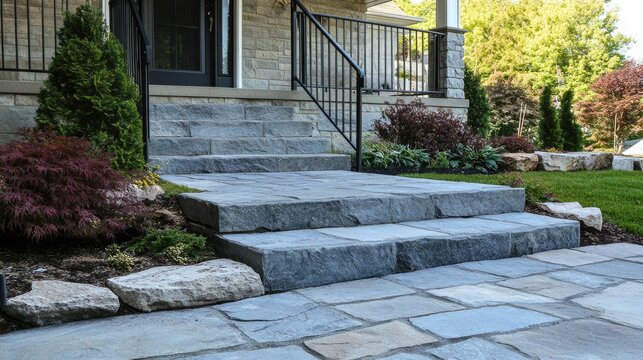 Stunning Paver Walkway: A Contemporary Entranceway to a Beautiful Home with Natural Stone Steps and Flagstone Veranda