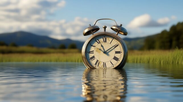 Vintage alarm clock submerged in calm water landscape scenery