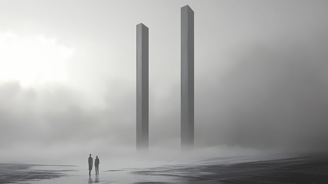 This image features towering monolithic structures against a fog-covered landscape, evoking a sense of mystery and otherworldly calm in a stark minimalist style. Monumental Structures. Illustration