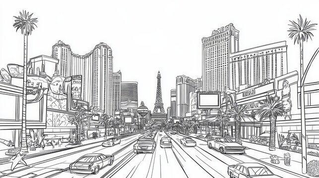 Fototapeta Las Vegas Boulevard Sketch - A black and white sketch depicting a bustling Las Vegas street scene, showcasing iconic hotels and palm trees. Cars travel along the road.