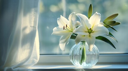 still life of white lilies in vase with copy space