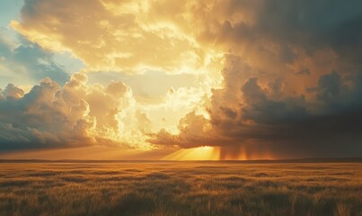Fototapeta premium Dramatic shot of storm clouds forming over a vast open field, with golden sunlight breaking through, creating a sense of awe and nature's power