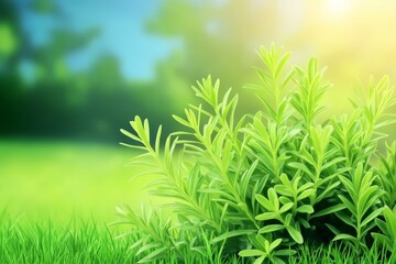 Obraz premium Lush Green Spring Foliage - Vibrant green plant life in a sunlit garden setting. Perfect for spring or nature themes.